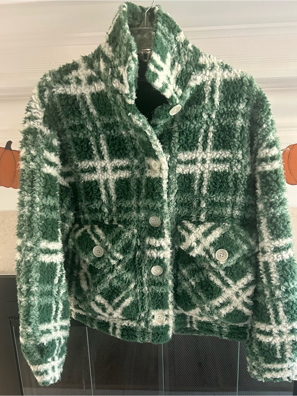 Zara Green & White Plaid Bouclé Jacket